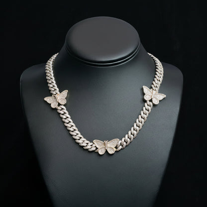 Silver Moissanite Two Tone Butterfly Cuban Necklace at Earring Kingz