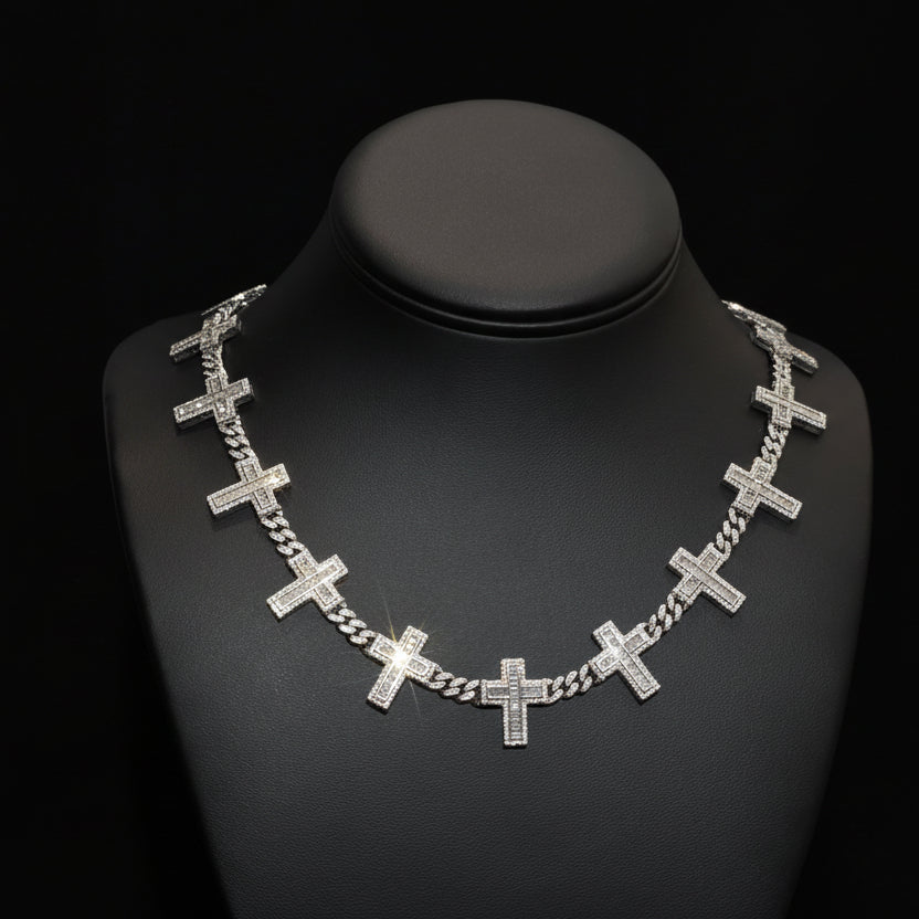 Silver Moissanite Cross Necklace at Earring Kingz